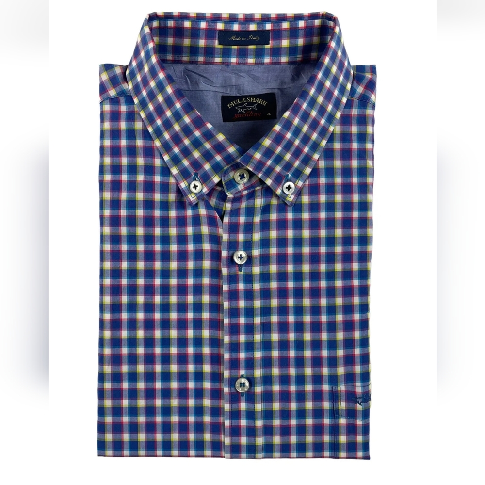 Paul & Shark Cotton S/S Blue Red Yellow Checked Mens Button Front Size Mens 46